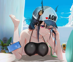 Rule 34 | 2girls, absurdres, arknights, baseball cap, blue hair, bottomless, breasts, cellphone, ch&#039;en (arknights), ch'en (arknights), day, dragon horns, female tourist c (arknights), green hair, hat, highres, holding, holding phone, horns, hoshiguma (arknights), long hair, looking at viewer, lying, medium breasts, multiple girls, official alternate costume, omone hokoma agm, on stomach, outdoors, phone, red eyes, sidelocks, smartphone, smile, solo