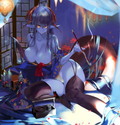 Rule 34 | 1girl, animal, bad id, bad pixiv id, bare shoulders, black legwear, blue hair, blue kimono, blue nails, blue skin, breasts, bug, butterfly, claws, closed mouth, collarbone, colored skin, commission, demon, demon girl, fingernails, floral print, flower, holding, holding smoking pipe, horns, insect, japanese clothes, kimono, kumatora tatsumi, lantern, large breasts, long fingernails, long hair, looking at viewer, nail polish, off shoulder, oiran, original, petals, pink lips, pointy ears, red butterfly, red flower, sharp fingernails, sitting, skeb commission, smile, smoking pipe, snake tail, solo, spider lily, tail, toenails, very long hair, yellow eyes