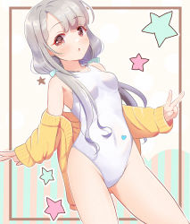 Rule 34 | absurdres, aqua bow, blush, bow, breasts, brown eyes, cardigan, chestnut mouth, collarbone, commentary request, double v, gluteal fold, grey hair, hair bow, heart stickers, highres, hisakawa nagi, idolmaster, idolmaster cinderella girls, long hair, long sleeves, looking at viewer, low twintails, mouchi (mouchimochi), navel, one-piece swimsuit, open mouth, over shoulder, skindentation, small breasts, solo, star (symbol), striped, striped background, swimsuit, thighs, twintails, v, vertical stripes, white one-piece swimsuit, yellow cardigan
