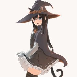 Rule 34 | animal ears, asashio (kancolle), backlighting, black cape, black hair, blouse, blue eyes, cape, cat ears, cat girl, cat tail, commentary, dress, ears through headwear, frilled dress, frills, from side, gloves, hat, hat ribbon, high collar, kantai collection, long hair, long sleeves, looking at viewer, neck ribbon, official alternate costume, orange ribbon, pinafore dress, ribbon, shirt, simple background, skindentation, skirt hold, sleeveless, sleeveless dress, solo, striped clothes, striped thighhighs, tail, thighhighs, usagikoya, white gloves, white shirt, witch, witch hat