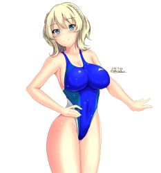 Rule 34 | 1girl, blonde hair, blue eyes, blue one-piece swimsuit, braid, breasts, colorado (kancolle), commentary request, competition swimsuit, dated, highres, impossible clothes, impossible swimsuit, kantai collection, large breasts, montemasa, one-hour drawing challenge, one-piece swimsuit, short hair, side braids, simple background, solo, swimsuit, twitter username, wet, white background