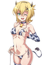 Rule 34 | 1girl, akatsuki kirika, animal print, bare shoulders, bell, bikini, blonde hair, blush, breasts, breasts squeezed together, collar, commentary request, covered erect nipples, cow horns, cow print, cow tail, cowbell, cowboy shot, green eyes, hair between eyes, hair ornament, highres, horns, legs together, looking at viewer, medium breasts, navel, neck bell, one eye closed, open mouth, print bikini, senki zesshou symphogear, shiny skin, short hair, simple background, skindentation, solo, standing, swimsuit, syunzou, tail, teeth, thighhighs, thighs, undressing, untied bikini, white background, x hair ornament