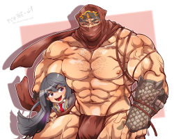 Rule 34 | 1boy, 1girl, abs, artist name, bara, black hair, blush, character request, chest hair, collared jacket, collared shirt, covered face, frown, fundoshi, gauntlets, gloves, hairy, happy, highres, jacket, japanese clothes, kizami nori to yamaimo, large pectorals, long hair, looking to the side, male focus, male underwear, manly, mask, mature male, muscular, muscular male, navel, necktie, nipples, no pants, open mouth, pectorals, protagonist 2 (housamo), purple eyes, red eyes, scar, school uniform, shirt, size difference, sweatdrop, teeth, thick arms, thick eyebrows, thick thighs, thighs, tokyo houkago summoners, tongue, topless male, underwear, veins, veiny arms