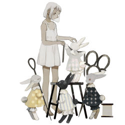 Rule 34 | 1girl, animal, barefoot, child, clothed animal, collar, dress, frilled collar, frills, grey eyes, highres, holding, holding needle, holding scissors, looking at another, looking down, needle, on stool, original, polka dot, polka dot shirt, rabbit, scissors, shirt, short hair, simple background, sleeveless, sleeveless dress, spool, standing, stool, striped clothes, striped shirt, tape measure, thread, tono (rt0no), unmoving pattern, white background, white dress, white hair, yellow eyes