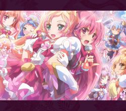 Rule 34 | 10s, 6+girls, aino megumi, amanogawa kirara, blonde hair, blue hair, blush, bow, brown hair, crown, cure flora, cure fortune, cure honey, cure lovely, cure mermaid, cure princess, cure twinkle, gloves, go! princess precure, green eyes, happinesscharge precure!, haruno haruka, highres, hikawa iona, inoshishi (ikatomo), kaidou minami, letterboxed, long hair, looking at viewer, magical girl, microphone, multicolored hair, multiple girls, one eye closed, oomori yuuko, open mouth, pink bow, pink hair, ponytail, precure, purple hair, shirayuki hime, twintails, two-tone hair, waist bow, white gloves