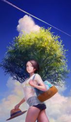Rule 34 | 1girl, bikini, bikini top only, black choker, black hair, black shorts, blue eyes, blue sky, choker, closed mouth, cloud, commentary request, contrail, day, hat, highres, holding, holding clothes, holding hat, leaf, lips, looking at viewer, nababa, original, outdoors, parted bangs, pink lips, see-through, short hair, shorts, sky, solo, straw hat, striped bikini, striped bikini top, striped clothes, sunglasses, sunlight, swimsuit, unworn hat, unworn headwear, white-framed eyewear