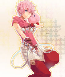 Rule 34 | 1boy, arm across chest, artist request, bad id, bad pixiv id, belt, blue eyes, character name, fingerless gloves, gloves, humanization, kirby, kirby (series), looking at viewer, male focus, nintendo, one eye closed, personification, pink hair, short hair, short sleeves, simple background, solo, solto, strap