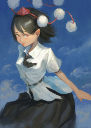 Rule 34 | 1girl, :p, arms behind back, ascot, belt, black ascot, black hair, black skirt, blue background, breasts, cloud, cowboy shot, fjsmu, hair blowing, hat, highres, leaning forward, looking at viewer, medium breasts, pointy ears, pom pom (clothes), puffy short sleeves, puffy sleeves, red eyes, red hat, shameimaru aya, shirt, short hair, short sleeves, skirt, solo, standing, tokin hat, tongue, tongue out, touhou, untucked shirt, white shirt, wind, wind lift