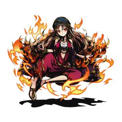 Rule 34 | 10s, 1girl, anklet, bracelet, breasts, brown hair, cleavage, divine gate, earrings, fire, floating hair, full body, hair between eyes, hair ornament, ifrit (divine gate), jewelry, long hair, looking at viewer, medium breasts, midriff, official art, red eyes, shadow, solo, transparent background, ucmm, very long hair
