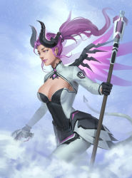 Rule 34 | 1girl, adapted costume, alternate costume, armor, black gloves, blue background, blue sky, bodice, bodysuit, breasts, cleavage, cowboy shot, dark persona, demon horns, demon tail, emblem, envy (812404887), facial mark, faulds, fog, forehead mark, from side, gloves, gun, handgun, high ponytail, highres, holding, holding gun, holding staff, holding weapon, horns, imp mercy, large breasts, light smile, lipstick, long sleeves, looking at viewer, looking to the side, makeup, mechanical wings, mercy (overwatch), nose, outdoors, overwatch, overwatch 1, parted lips, patch, pelvic curtain, pistol, ponytail, purple eyes, purple hair, purple lips, purple wings, sky, solo, staff, tail, walking, weapon, wind, wings