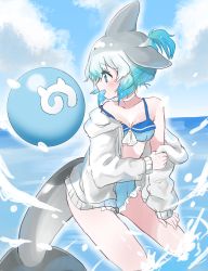 Rule 34 | 1girl, adapted costume, ball, bare legs, bare shoulders, beachball, bikini, blowhole, blue bikini, blue hair, bow, cetacean tail, choker, collarbone, commentary request, common bottlenose dolphin (kemono friends), dolphin girl, dorsal fin, fins, fish tail, frilled bikini, frills, grey hair, highres, hood, hood down, hoodie, japari symbol, kemono friends, long sleeves, megumi 222, multicolored hair, ponytail, short hair, solo, swimsuit, tail, water, white bow, white choker, white hoodie