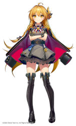 Rule 34 | 1girl, ahoge, ainy, belt, black footwear, black gloves, black skirt, blonde hair, boots, braid, chiba karin, crossed arms, epaulettes, full body, gloves, highres, jacket, jacket on shoulders, long hair, mahjong hime, miniskirt, official art, one side up, pleated skirt, side braid, simple background, single braid, skirt, smile, solo, standing, tachi-e, thigh boots, thighhighs, v-shaped eyebrows, very long hair, white background, yellow eyes, zettai ryouiki