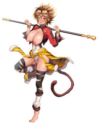 Rule 34 | 1girl, asahi, ass, blush, breasts, breasts out, brown hair, cleavage, curvy, full body, highleg, highleg leotard, highres, holding, holding weapon, large breasts, leotard, lilith-soft, looking at viewer, medium hair, monkey girl, monkey tail, nipples, orange eyes, polearm, puffy nipples, restrained, shiny skin, simple background, solo, spiked hair, standing, standing on one leg, sun wuyan, tail, taimanin (series), taimanin rpgx, weapon, white background, white leotard, wide hips