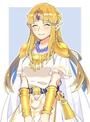 Rule 34 | 1girl, ^ ^, armor, blonde hair, breasts, cape, closed eyes, closed mouth, commission, cowboy shot, dress, earrings, closed eyes, gold, jewelry, light blush, long hair, necklace, nintendo, ooshio7734, pointy ears, princess zelda, shoulder armor, sidelocks, skeb commission, smile, solo, super smash bros., the legend of zelda, the legend of zelda: a link between worlds, white dress