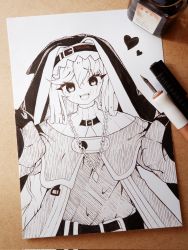 Rule 34 | 1girl, :d, arknights, art tools in frame, belt, belt buckle, blush, buckle, capelet, chain, dress, greyscale, habit, heart, highres, jewelry, long sleeves, looking at viewer, monochrome, necklace, nib pen (medium), nun, open mouth, photo (medium), popi (maqu2 berry), smile, solo, specter (arknights), teeth, traditional media, upper teeth only