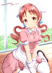 Rule 34 | 1girl, apron, backlighting, between legs, black footwear, blend s, blush, brown eyes, brown hair, closed mouth, collared shirt, commentary request, company connection, cosplay, dated, day, dress shirt, frilled apron, frills, gloves, gochuumon wa usagi desu ka?, hair ornament, hand between legs, happy birthday, head scarf, highres, indoors, long hair, manga time kirara, natsu megumi, on floor, pink shirt, pink skirt, pleated skirt, puffy short sleeves, puffy sleeves, ringlets, shirt, shoes, short sleeves, sitting, skirt, smile, solo, stile uniform, sunlight, thighhighs, twintails, uniform, very long hair, waist apron, waitress, wariza, white apron, white gloves, white thighhighs, window, wooden floor, xenon (for achieve)