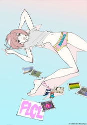 Rule 34 | 00s, 1girl, barefoot, brown eyes, brown hair, camera, cigarette, clothes writing, flcl, gainax, gainaxtop, lingerie, lips, midriff, navel, panties, photo (object), pink panties, red eyes, samejima mamimi, shirt, simple background, smoking, solo, t-shirt, thigh gap, thighs, underwear