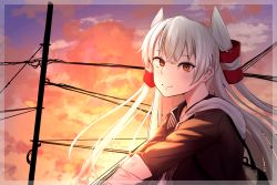 Rule 34 | 1girl, amatsukaze (kancolle), black hoodie, closed mouth, commentary, evening, from side, grey hair, hair ornament, highres, hood, hoodie, kahlumi, kantai collection, long hair, long sleeves, looking at viewer, smile, solo, sunset, two side up, upper body, yellow eyes