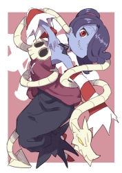Rule 34 | 1girl, absurdres, blue skin, border, colored skin, detached collar, detached sleeves, dress, gazacy (dai), highres, leviathan (skullgirls), red background, red eyes, side ponytail, skullgirls, smile, squigly (skullgirls), stitched mouth, stitches, striped legwear, white border, yellow eyes, zombie