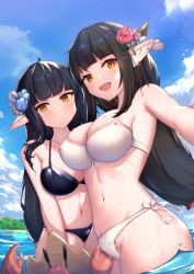 Rule 34 | 2girls, armpits, bare arms, bare shoulders, bikini, black bikini, black hair, blue flower, blue sky, breasts, brown eyes, cleavage, cloud, collarbone, commentary, crab, day, ear piercing, earrings, flower, groin, hair flower, hair ornament, highres, hinoa, jewelry, large breasts, long hair, minoto, monster hunter (series), monster hunter rise, multiple girls, navel, outdoors, piercing, pointy ears, reaching, reaching towards viewer, red flower, red rose, revision, rose, selfie, siblings, sisters, sky, swimsuit, symbol-only commentary, twins, uneg, very long hair, water, white bikini