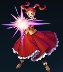 Rule 34 | 1girl, breasts, buckle, dragon quest, dragon quest viii, dress, earrings, frilled dress, frills, highres, jessica albert, jewelry, large breasts, long hair, long skirt, long sleeves, looking at viewer, magic, magical girl, non-web source, official art, orange eyes, orange hair, pantyhose, piercing, red skirt, simple background, skirt, solo, standing, thighhighs, twintails