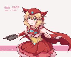Rule 34 | 10s, 1girl, blonde hair, blush, bracer, cape, closed mouth, commentary request, cosplay, dated, disco brando, gecchan, gecchan (cosplay), green eyes, happy birthday, helmet, highres, holding, holding weapon, idolmaster, idolmaster cinderella girls, light blush, looking at viewer, red cape, red skirt, robot girls z, sakurai momoka, skirt, smile, solo, standing, twitter username, upper body, weapon