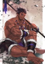 Rule 34 | 1boy, abs, anklet, armband, bara, beard, black hair, body hair, broad shoulders, chest hair, dark skin, facial hair, fundoshi, gauntlets, hairy, highres, japanese clothes, jewelry, lance, large pectorals, leg hair, long sideburns, male focus, manly, muscular, muscular male, navel, navel hair, necklace, nikism, one eye closed, original, pectoral cleavage, pectorals, pointy ears, polearm, sideburns, sitting, skirt, smile, solo, thick arms, thick thighs, thighs, weapon