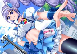 Rule 34 | aono miki, bandeau, black thighhighs, blue choker, blue skirt, breasts, building, choker, cloud, clover, cure berry, day, fresh precure!, frills, hairband, highres, house, long hair, medium breasts, navel, outdoors, pouch, power lines, precure, purple eyes, purple hair, road, short sleeves, skirt, sky, street, thighhighs, town, utility pole, very long hair, wavelevel5