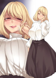 Rule 34 | 1girl, absurdres, blonde hair, half-closed eyes, head on hand, highres, kinntarou, licking lips, lips, multiple views, original, red eyes, ribbed sweater, skirt, sweater, tongue, tongue out