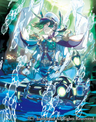 Rule 34 | 1boy, blue wave recruit kosty, bubble, cape, cardfight!! vanguard, chain, company name, earrings, epaulettes, closed eyes, gloves, green hair, hat, jewelry, low ponytail, male focus, military, military hat, military uniform, official art, sitting, solo, underwater, uniform