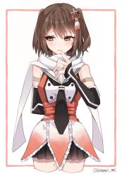 Rule 34 | 1girl, arm behind back, black gloves, black necktie, black skirt, blush, brown eyes, brown hair, cowboy shot, elbow gloves, fingerless gloves, gloves, highres, jewelry, kantai collection, kozu (bloomme1 me), looking to the side, necktie, one-hour drawing challenge, pleated skirt, ring, scarf, school uniform, sendai (kancolle), sendai kai ni (kancolle), serafuku, skirt, solo, twitter username, wedding band, white scarf