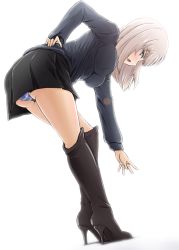Rule 34 | 10s, 1girl, adapted costume, ass, bent over, black footwear, black shirt, black skirt, bloom, blue eyes, blush, boots, breasts, diesel-turbo, from side, full body, girls und panzer, hand on own hip, high heel boots, high heels, itsumi erika, knee boots, large breasts, leaning forward, long sleeves, looking at viewer, looking to the side, medium hair, open mouth, outstretched arm, panties, pantyshot, profile, reaching, shirt, silver hair, skirt, solo, standing, striped clothes, striped panties, thigh boots, thighhighs, underwear, white background
