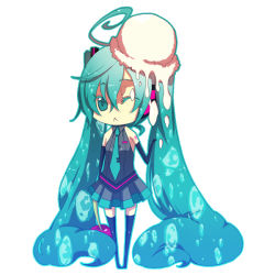 Rule 34 | 1girl, :&lt;, ahoge, aqua eyes, aqua hair, bad id, bad pixiv id, cherry, chibi, detached sleeves, food, food as clothes, food on head, fruit, hatsune miku, ice cream, long hair, necktie, object on head, saine, simple background, skirt, solo, thighhighs, twintails, very long hair, vocaloid, wince