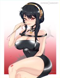 Rule 34 | 1girl, bare shoulders, black dress, black hair, blood, border, breasts, cleavage, closed mouth, collarbone, cowboy shot, crossed legs, darkmoney, dress, gradient background, hairband, highres, knife, large breasts, lips, looking at viewer, red background, red eyes, short dress, sidelocks, simple background, sitting, smile, solo, spy x family, white border, yor briar