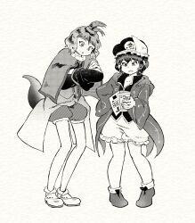 Rule 34 | 2others, adagumo no saragimaru, androgynous, capelet, chikafumikou, coat, collared shirt, commentary request, crossed arms, frilled shorts, frills, greyscale, hand hair, height difference, highres, len&#039;en, long sleeves, monochrome, multiple others, open clothes, open coat, open collar, open mouth, other focus, puffy shorts, shirt, shitodo kuroji, short hair, shorts, snake tail, tail