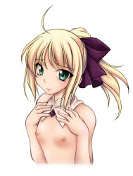Rule 34 | 1girl, ahoge, artoria pendragon (all), artoria pendragon (fate), blonde hair, bow, capcom, detached collar, fate/stay night, fate/unlimited codes, fate (series), female focus, flat chest, green eyes, hair bow, lips, long hair, nipples, nude, onizuka takuto, ponytail, saber (fate), saber lily, solo, topless frame, upper body