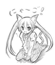 Rule 34 | animal ears, bad id, bad pixiv id, bell, cat ears, cat tail, cilfy, collar, greyscale, long hair, monochrome, neck bell, phantasy star, phantasy star portable 2, phantasy star universe, pleated skirt, sketch, skirt, solo, tail, traditional media, twintails