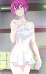 Rule 34 | 1girl, absurdres, anime screenshot, hair up, highres, makusawa ouka, megami no kafeterasu, purple eyes, screencap, smile, solo, stitched, third-party edit, towel