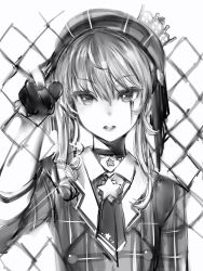 Rule 34 | 1girl, bad id, bad twitter id, buttons, chain-link fence, crown, double-breasted, fence, fingernails, gloves, greyscale, hand up, highres, hololive, hoshimachi suisei, hoshimachi suisei (1st costume), jacket, long sleeves, looking at viewer, medium hair, mini crown, monochrome, nanashi (nlo), necktie, parted lips, partially fingerless gloves, solo, star (symbol), star in eye, symbol in eye, upper body, virtual youtuber