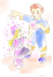 Rule 34 | 1boy, 1girl, digimon, flower, hat, highres, looking at another, orimoto izumi, shibayama junpei, skirt