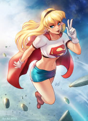 Rule 34 | 1girl, absurdres, blonde hair, blue eyes, blue skirt, boots, cape, collarbone, crop top, cross-laced footwear, dc comics, flying, full body, gloves, hairband, highres, kryptonian, lace-up boots, legs, looking at viewer, midriff, miniskirt, navel, parted lips, red cape, red footwear, reiq, rock, s shield, shirt, shoes, short sleeves, skirt, sky, smile, solo, space, supergirl, superman (series), v, white gloves