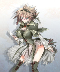 Rule 34 | boots, brown hair, card, cardfight!! vanguard, cosplay, cross-laced footwear, gender request, genderswap, gothic lolita, granblue, green eyes, headband, kai toshiki, lace-up boots, lolita fashion, looking at viewer, rough seas banshee, thigh boots, thighhighs, vanguard ride