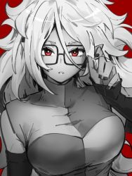 Rule 34 | 1girl, android 21, breasts, checkered clothes, checkered dress, dragon ball, dragon ball fighterz, dress, fingernails, glasses, greyscale, greyscale with colored background, hair between eyes, hand up, kemachiku, large breasts, long hair, looking at viewer, monochrome, nail polish, red background, red eyes, solo, upper body