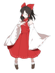 Rule 34 | 1girl, absurdres, black hair, bow, closed eyes, closed mouth, commentary, detached sleeves, facing viewer, full body, hair bow, hair tubes, hakurei reimu, highres, mena (menappippi), red bow, red shirt, red skirt, ribbon-trimmed sleeves, ribbon trim, shirt, short hair, simple background, skirt, solo, touhou, white background, wide sleeves