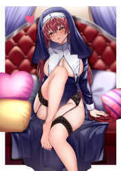 Rule 34 | 1girl, absurdres, barefoot, border, breasts, breasts out, couch, feet, garter belt, garter straps, habit, heart, highres, hololive, houshou marine, houshou marine (nun), large breasts, leg up, long hair, nun, open mouth, pillow, red eyes, red hair, red toenail polish, sitting, solo, thighs, toenails, toes, tufang, underboob, unworn legwear, virtual youtuber, white border