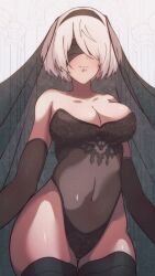 Rule 34 | 1girl, 2b (nier:automata), black blindfold, black hairband, blindfold, breasts, cleavage, commentary, covered eyes, hairband, highres, kamitsune28rita, large breasts, leotard, mole, mole under mouth, nier:automata, nier (series), short hair, thighhighs, veil, white hair