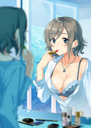 Rule 34 | 1girl, applying makeup, aquarium, blue bra, blue eyes, blue nails, blurry, blurry foreground, blush, bra, breasts, cleavage, collarbone, commentary request, depth of field, earrings, fish, glint, grey hair, highres, holding, indoors, jewelry, lipstick, long sleeves, love live!, love live! sunshine!!, makeup, medium breasts, mirror, nail polish, necklace, open clothes, open shirt, parted lips, pendant, red lips, reflection, ribbon-trimmed bra, shirt, short hair, solo, swept bangs, underwear, watanabe you, water, white shirt, window, zhanzheng zi