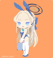 Rule 34 | 1girl, :&lt;, animal ears, artist name, blonde hair, blue archive, blue bow, blue bowtie, blue eyes, blue footwear, blue hair, blue leotard, blush, bow, bowtie, braid, breasts, case, chibi, cleavage, closed mouth, commentary, detached collar, fake animal ears, fake tail, full body, hair bow, halo, headset, high heels, highleg, highleg leotard, holding case, kinubari nerune, leotard, long hair, medium breasts, microphone, multicolored hair, orange background, playboy bunny, rabbit ears, rabbit tail, sidelocks, simple background, solo, standing, strapless, strapless leotard, streaked hair, tail, thighhighs, toki (blue archive), toki (bunny) (blue archive), twitter username, very long hair, white thighhighs, wrist cuffs
