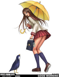 Rule 34 | 1girl, bird, briefcase, brown hair, female focus, full body, holding, holding umbrella, long hair, ryu (ryu&#039;s form site), school briefcase, school uniform, simple background, skirt, solo, standing, umbrella, white background