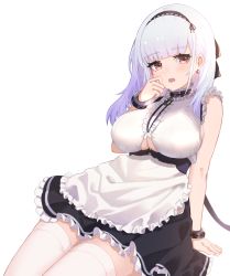 Rule 34 | 1girl, :o, anchor, apron, arm support, azur lane, black hairband, black skirt, blunt bangs, blush, bracelet, breasts, center frills, clothing cutout, commentary request, crying, crying with eyes open, dido (azur lane), earrings, frilled apron, frilled skirt, frills, hairband, highres, jewelry, kuwahara taiki, large breasts, leaning back, long hair, open mouth, red eyes, shirt, silver hair, simple background, sitting, skirt, sleeveless, sleeveless shirt, solo, tears, thighhighs, underboob, underboob cutout, waist apron, white apron, white background, white shirt, white thighhighs, zettai ryouiki
